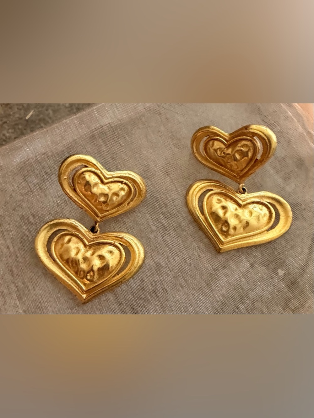 Gold Plated Heart Drop Earrings - Women's Statement Jewelry - Picture 5 of 5